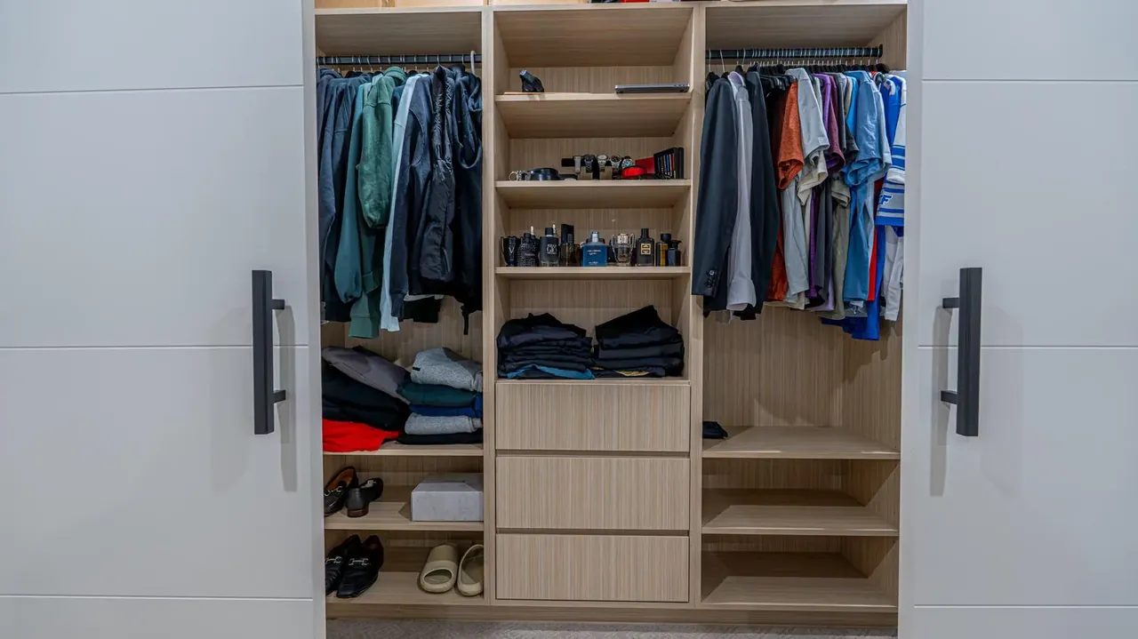 Reach-in closet with light wood shelving, drawers and double hanging by Mason Oak Carpentry in Detroit, MI