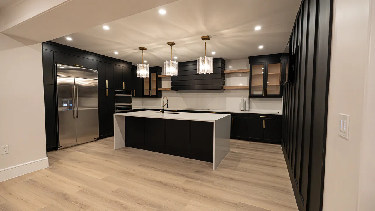 Black kitchen with a white island, glass upper cabinets and pendant lights by Mason Oak Carpentry in Detroit, MI
