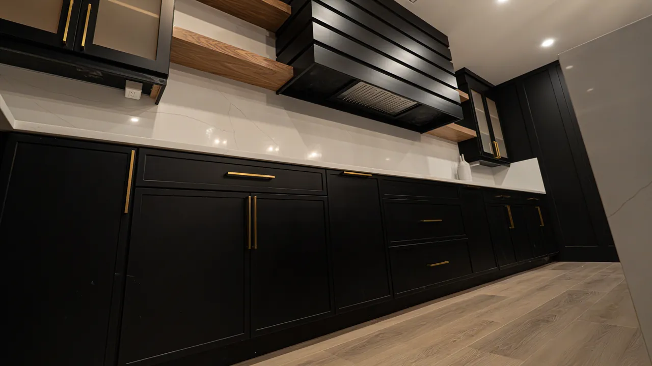 Long run of black shaker cabinets with brass pulls and a slatted range hood by Mason Oak Carpentry in Detroit, MI