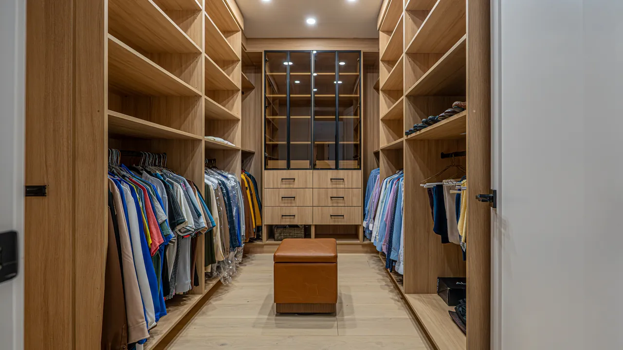 Wood walk-in closet with a lit display case and a center ottoman by Mason Oak Carpentry in Detroit, MI